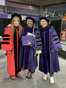 Saadia Gabriel graduating with her PhD, along with advisors Yejin Choi (left) and Franzi Roesner (right)