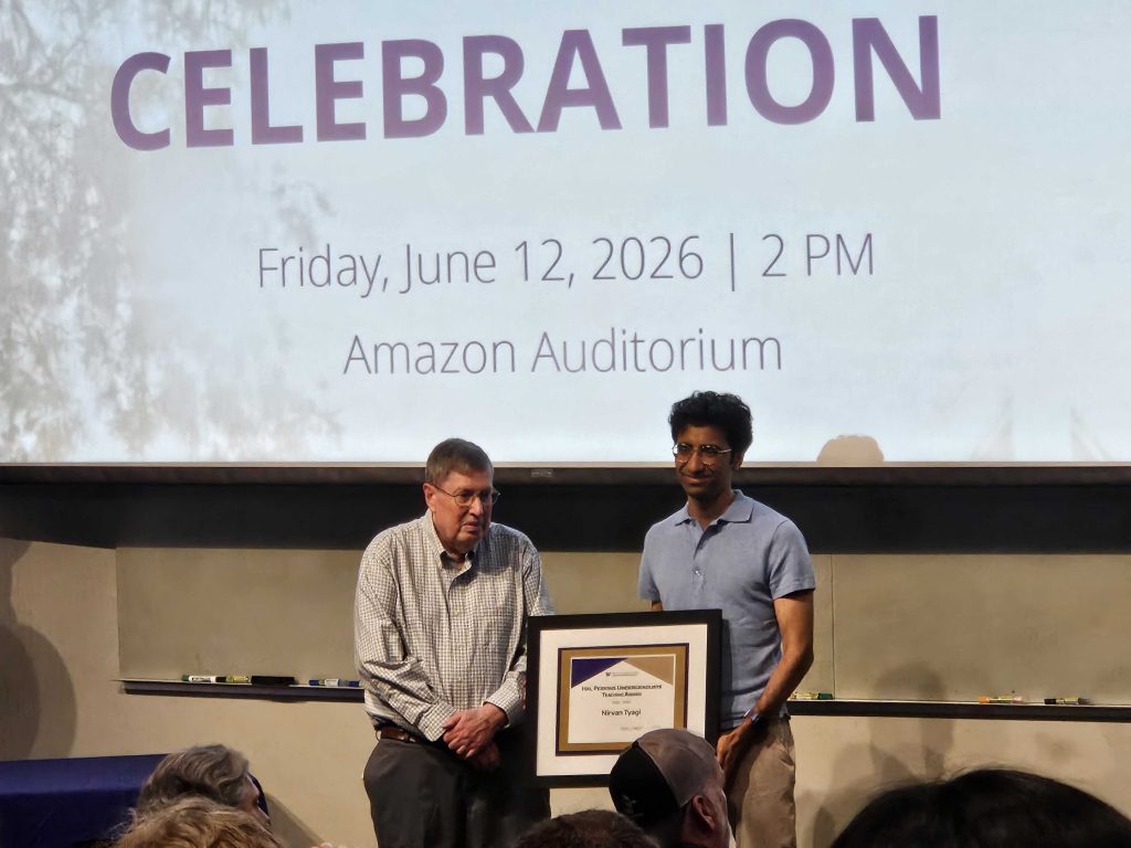 Hal Perkins Awarding the Undergraduate Teaching Award to Nirvan Tyagi
